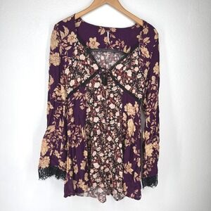 Free People Floral Babydoll Peasant Tunic Dress Size Medium Purple Milkmaid Bow
